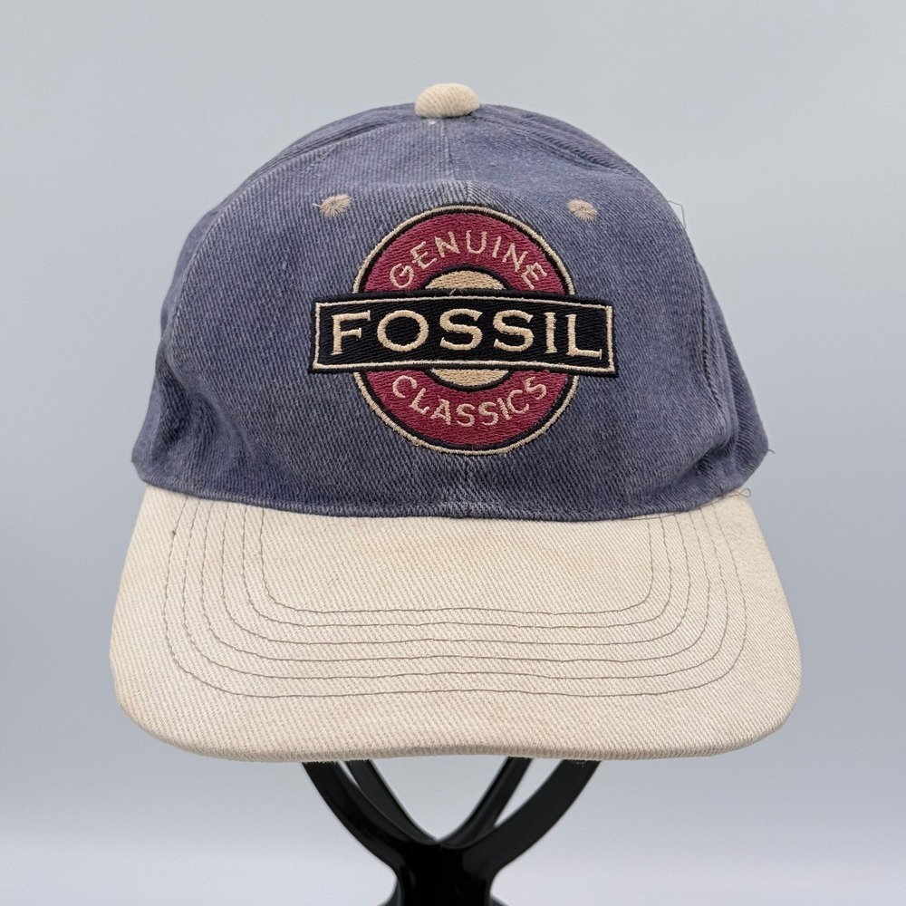 Vintage Fossil Classics Snapback Hat Blue Cream Cotton Embroidered Cap RN 65281